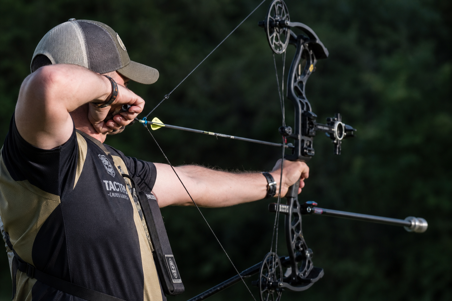 Compound bow archer at full draw, side profile
